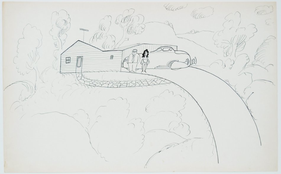 Saul Steinberg Drawing by Saul Steinberg of a house and person in the background with a long walkway to foreground.