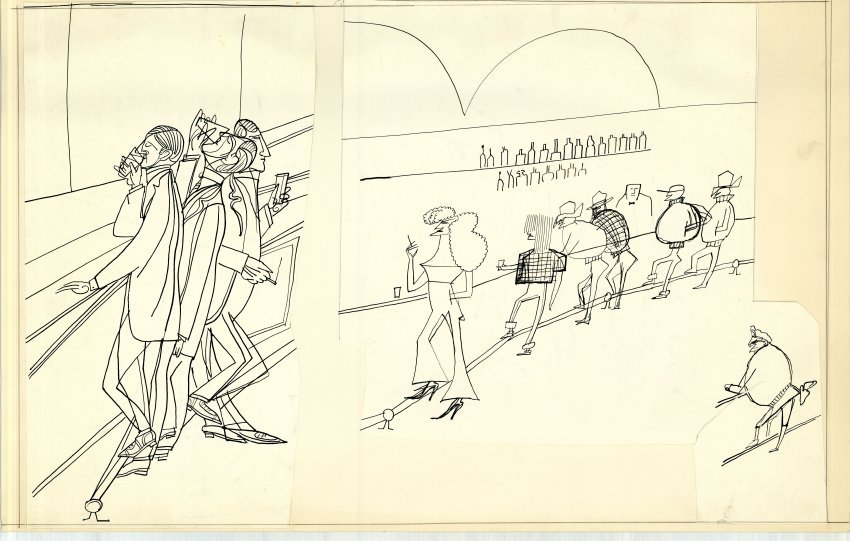 Saul Steinberg Drawing by Saul Steinberg of group of people at a bar.